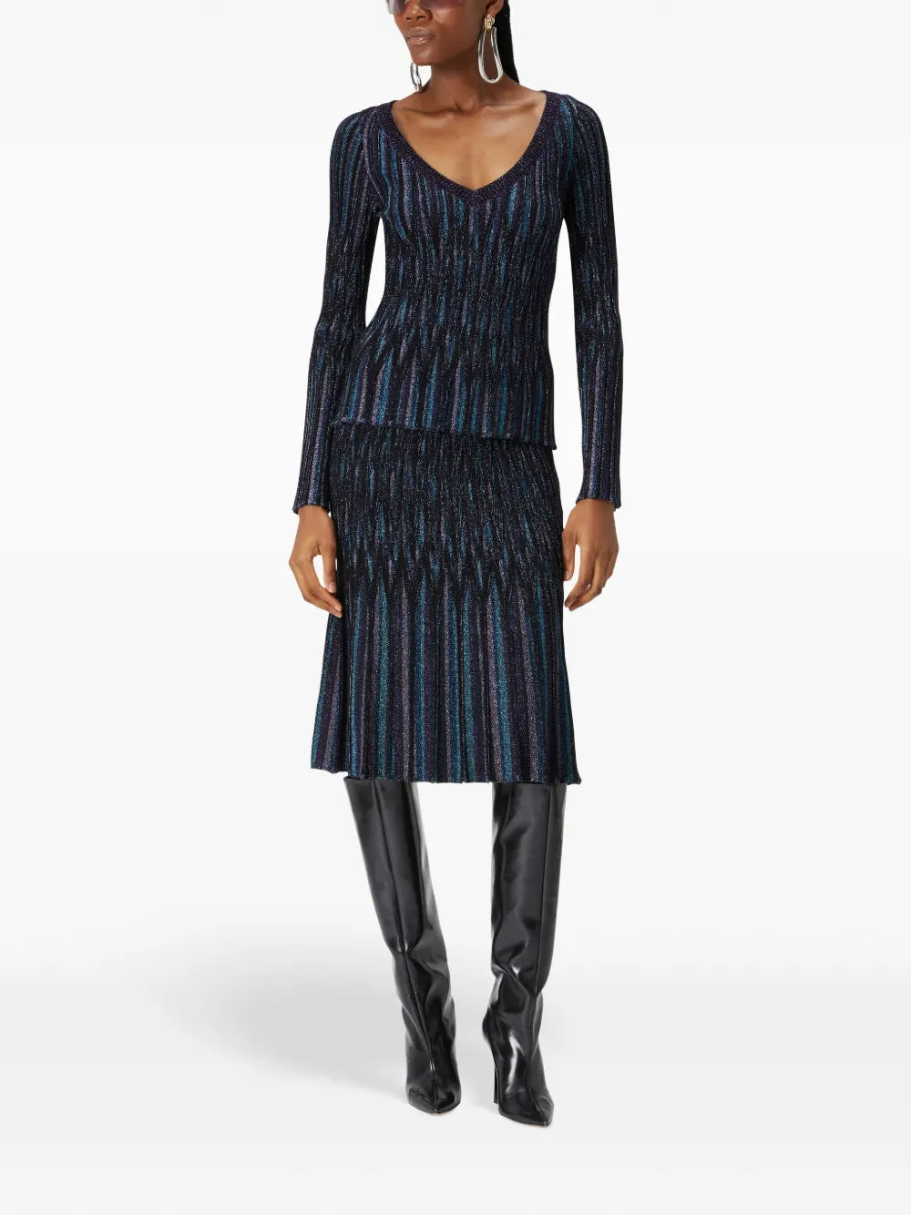 Lamé Diamond-Motif Flared Midi Skirt