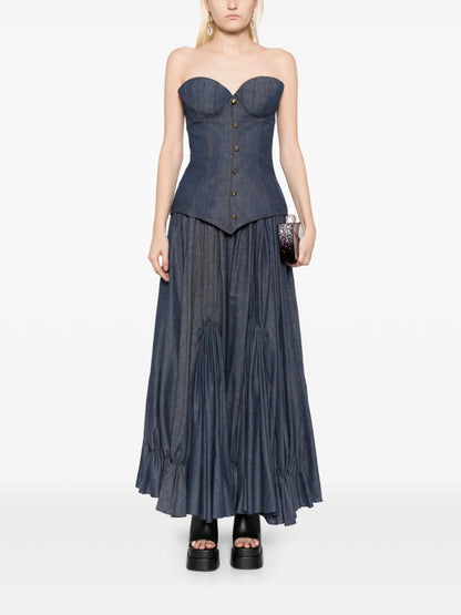 Gathered Denim Maxi Skirt