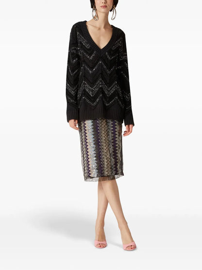 Zigzag Sequin-Overlay Midi Skirt