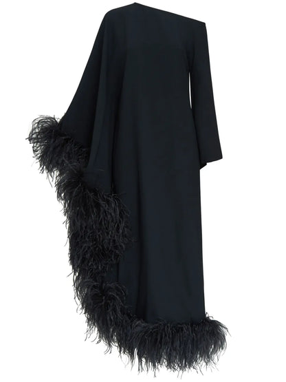 Ubud Extravaganza Feather-Trim Maxi Dress