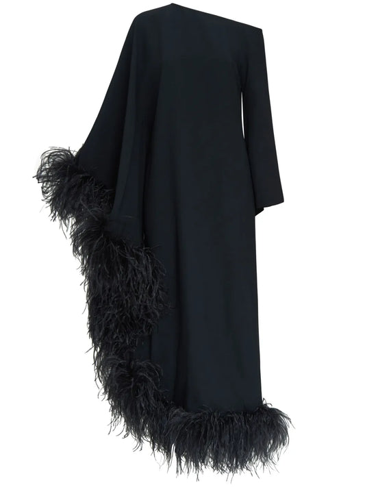 Ubud Extravaganza Feather-Trim Maxi Dress