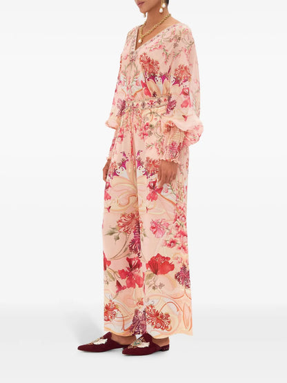Blossoms And Brushstrokes Wide-Leg Silk Trousers