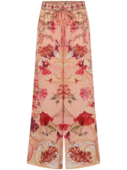 Blossoms And Brushstrokes Wide-Leg Silk Trousers