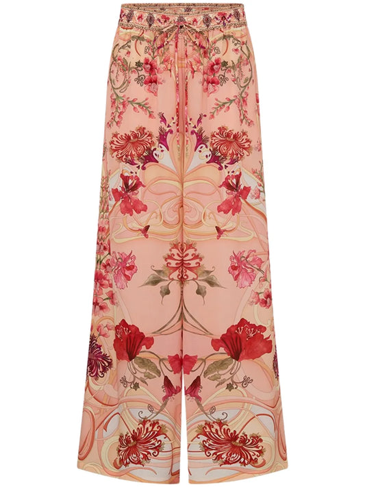 Blossoms And Brushstrokes Wide-Leg Silk Trousers