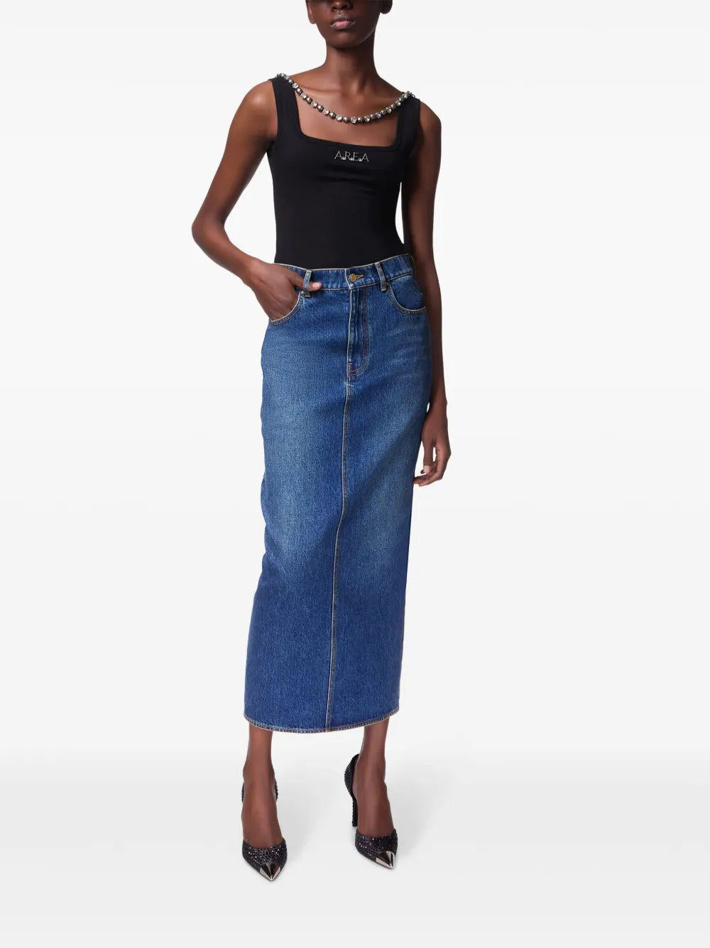 Logo-Charm Denim Midi Skirt