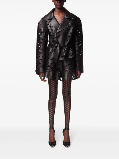 Laser-Cut Heart Leather Jacket