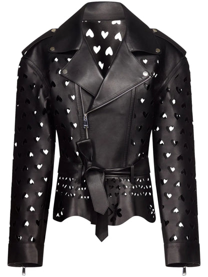Laser-Cut Heart Leather Jacket