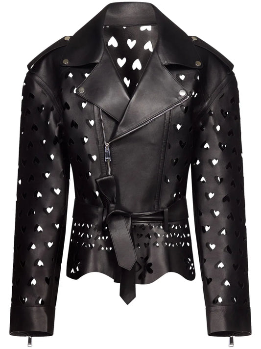 Laser-Cut Heart Leather Jacket