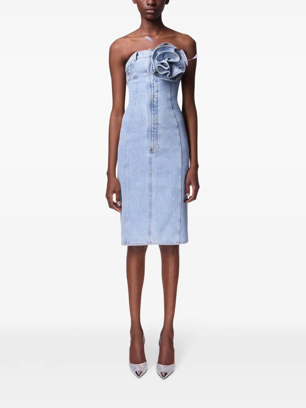 Floral-Appliqué Strapless Denim Dress