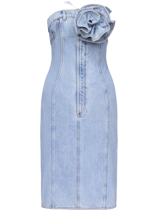 Floral-Appliqué Strapless Denim Dress
