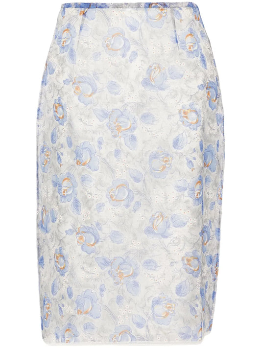 Floral-Print Sheer Pencil Skirt