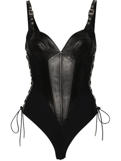 Leather-Trim Bodysuit