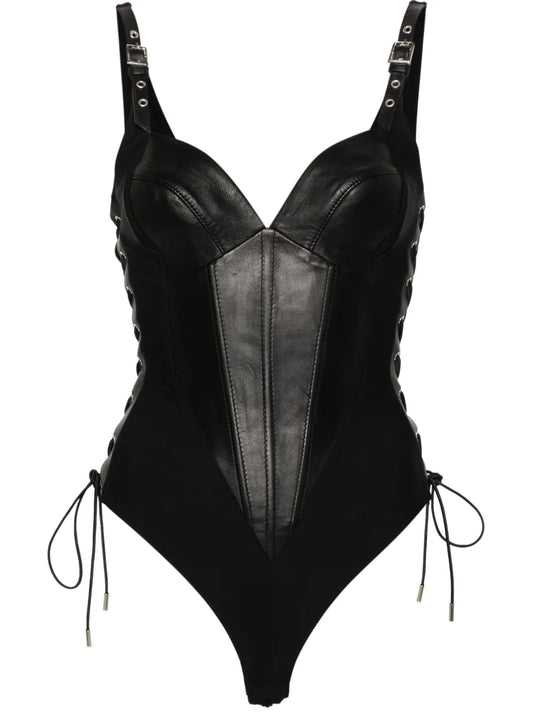 Leather-Trim Bodysuit