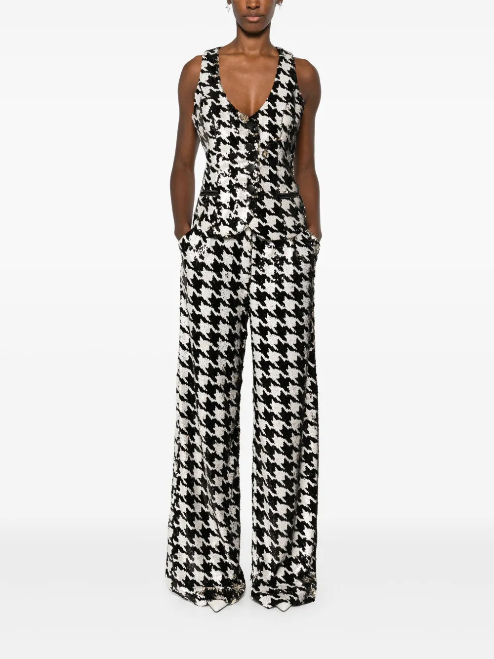 Houndstooth-Patterned Sequinned Vest