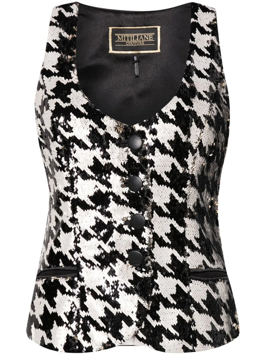 Houndstooth-Patterned Sequinned Vest