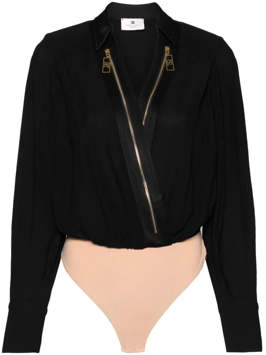 Logo-Zip Detail Georgette Bodysuit