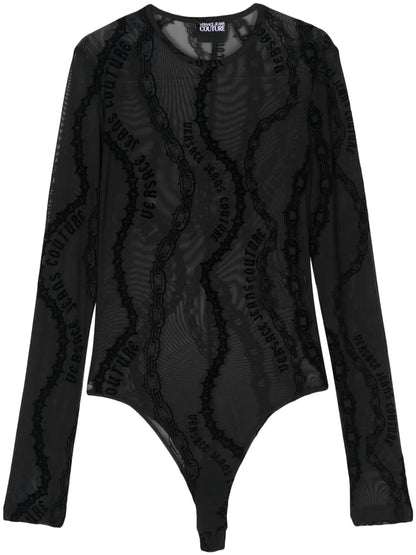 Chain Couture-Print Tulle Bodysuit