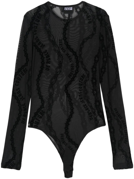 Chain Couture-Print Tulle Bodysuit