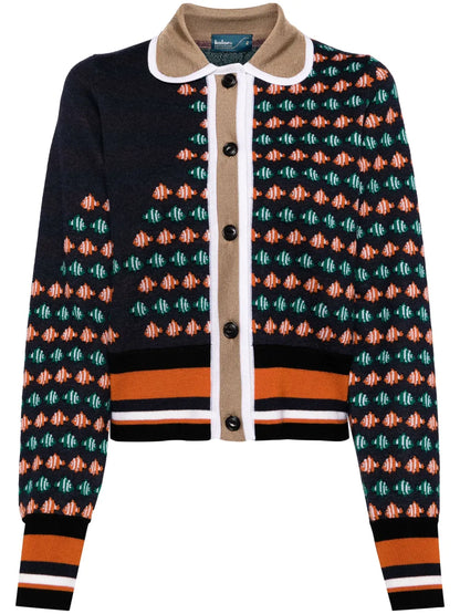 Fish-Motif Intarsia-Knit Cardigan
