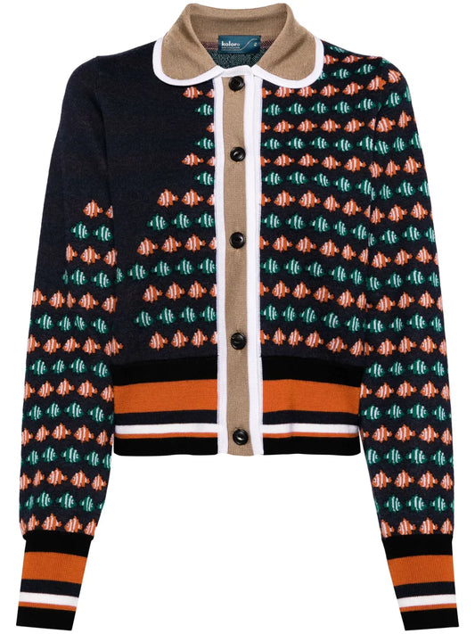 Fish-Motif Intarsia-Knit Cardigan
