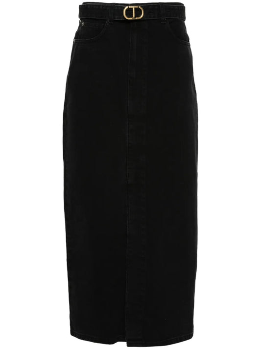 Belted Denim Midi Skirt