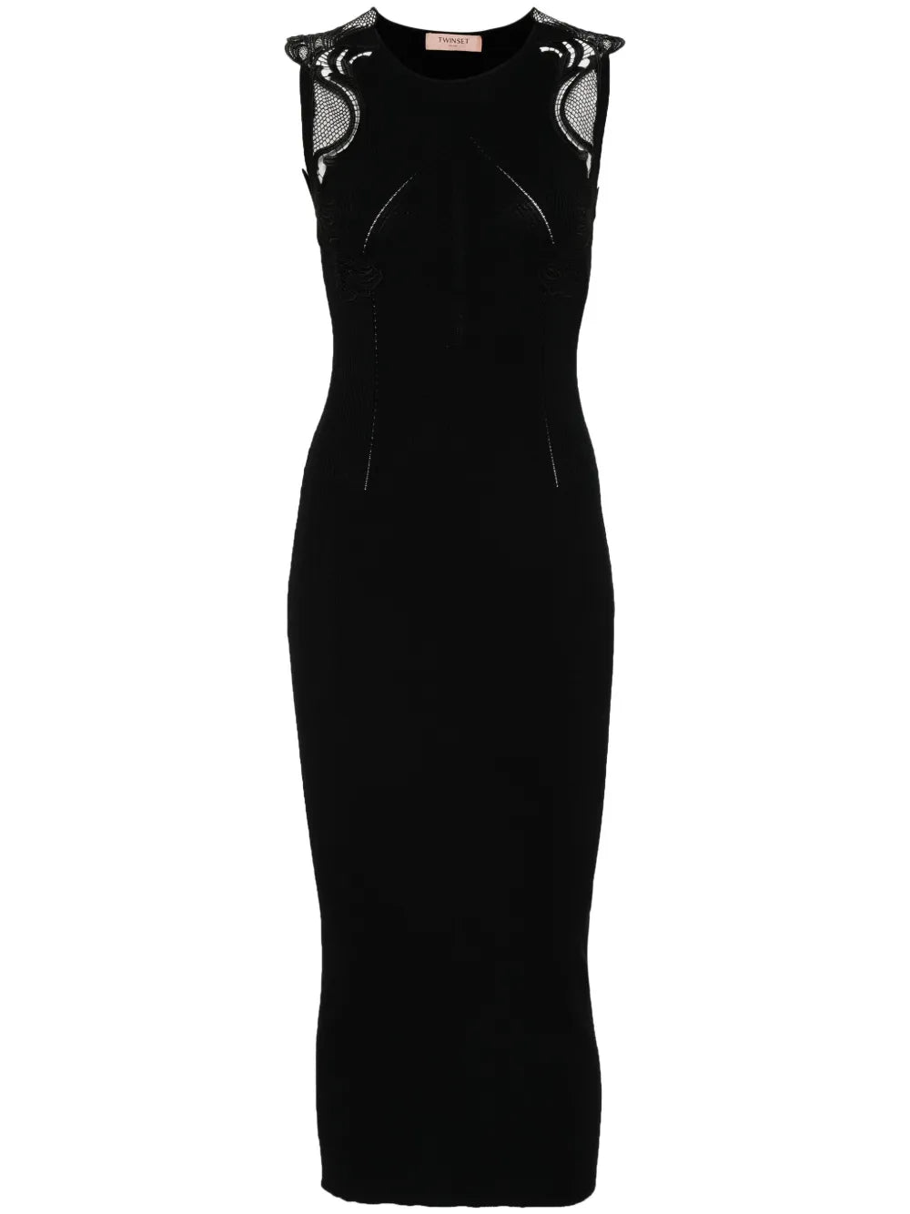 Lace-Detail Ribbed Midi Dress