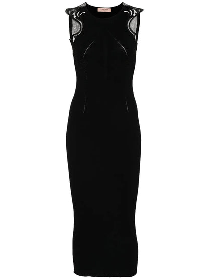 Lace-Detail Ribbed Midi Dress