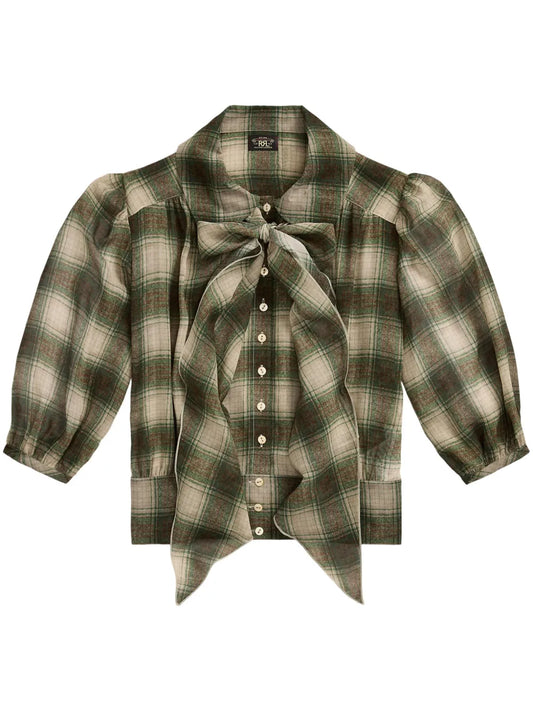 Plaid Check-Pattern Silk Blouse