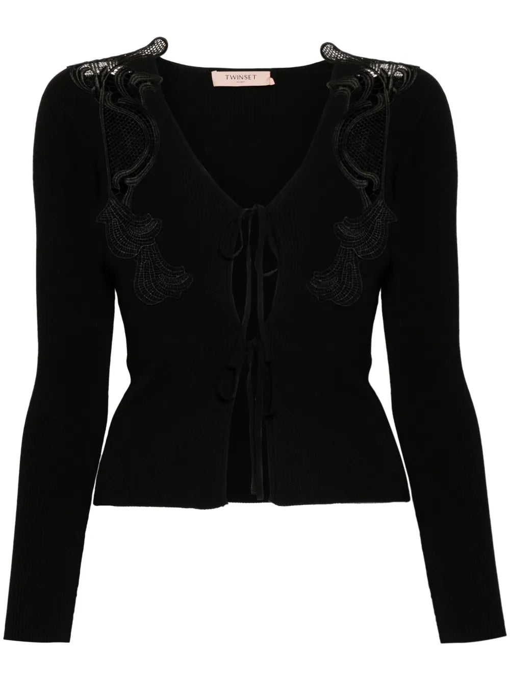 Lace-Panels Ribbed-Knit Cardigan