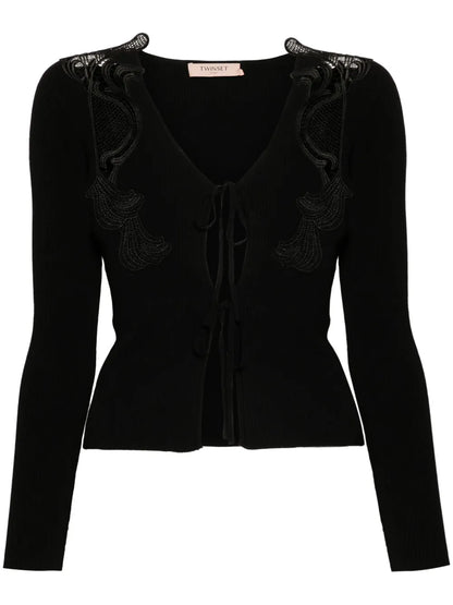 Lace-Panels Ribbed-Knit Cardigan