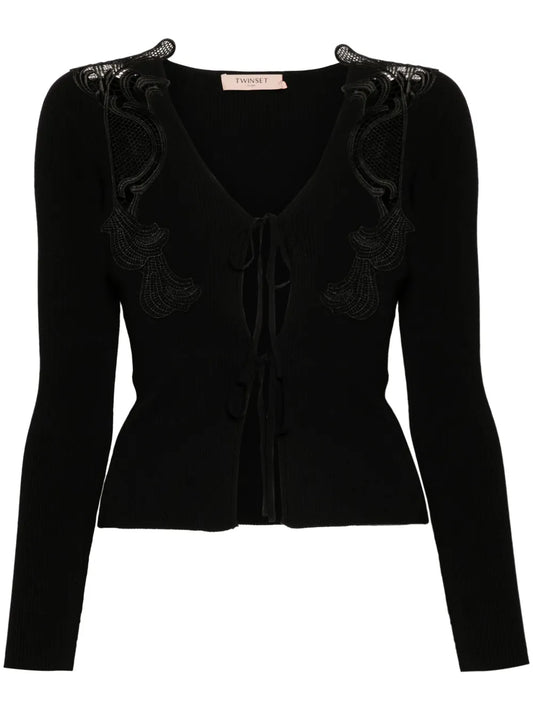 Lace-Panels Ribbed-Knit Cardigan