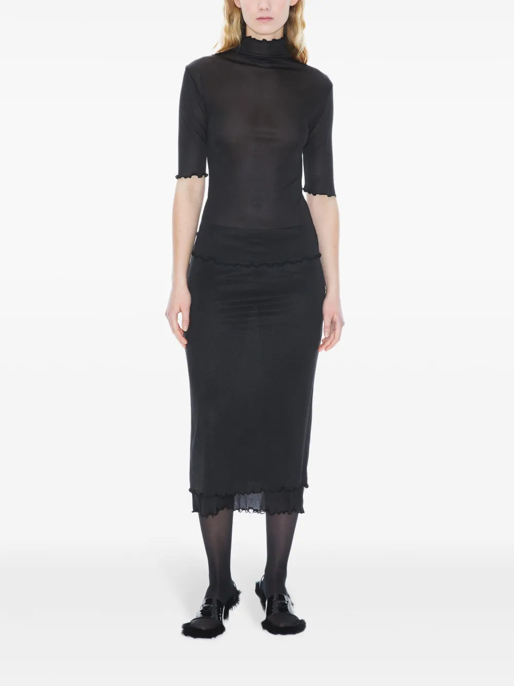 Frilled-Edge Mock-Neck T-Shirt