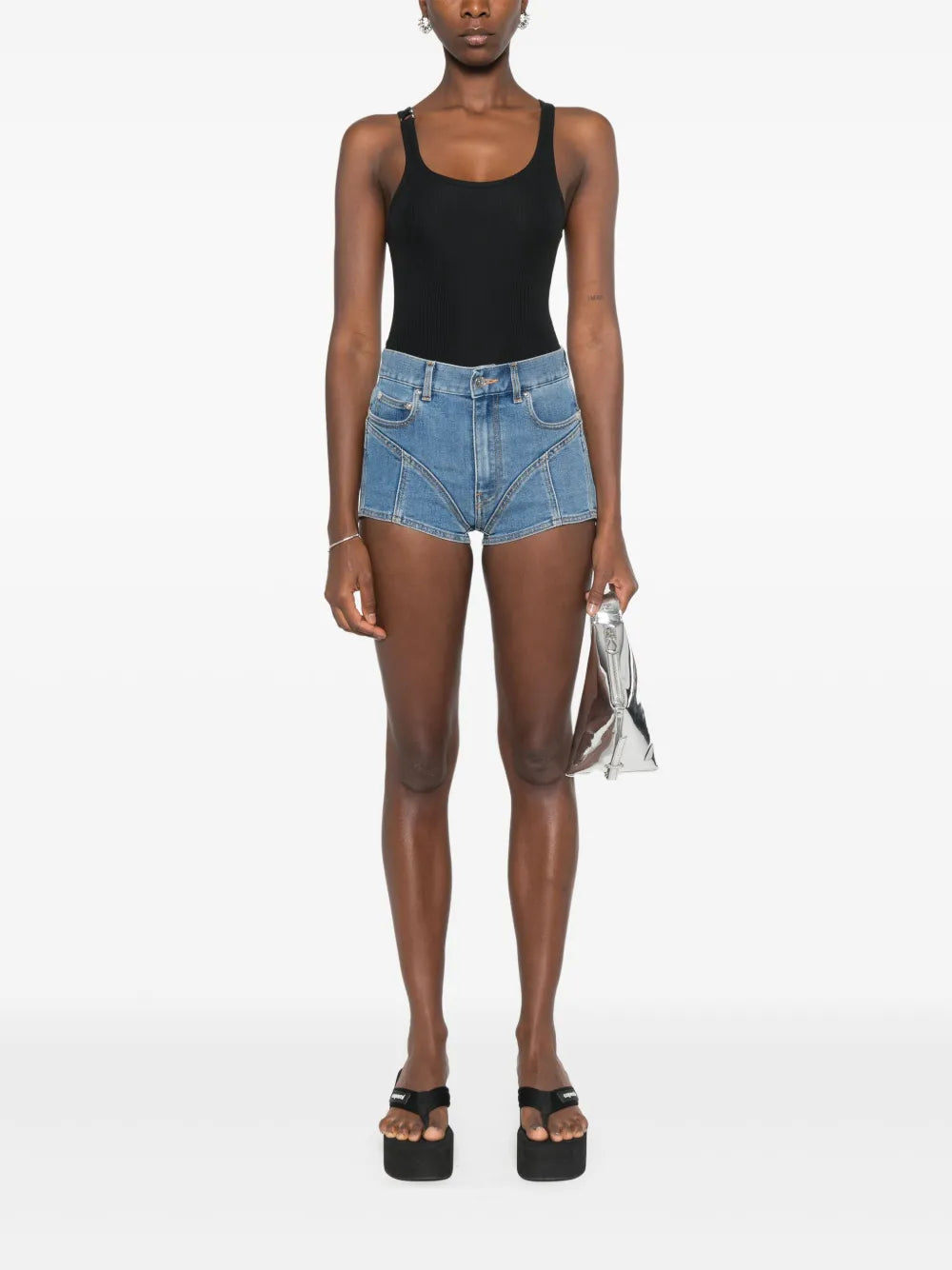 Bi-Material Denim Shorts