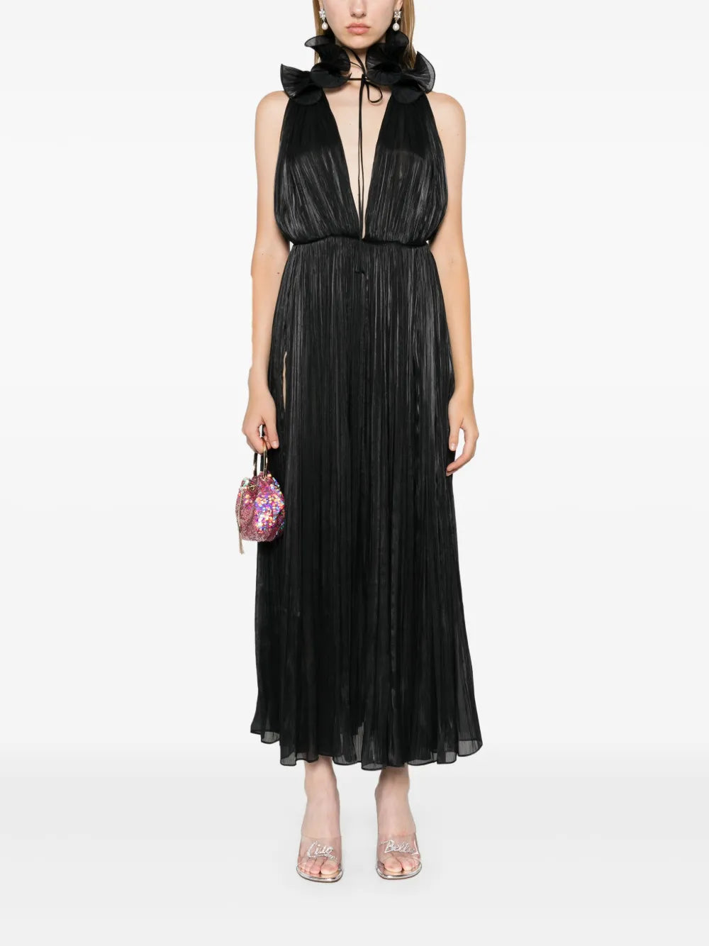 Ruffled-Detail Plissé Gown