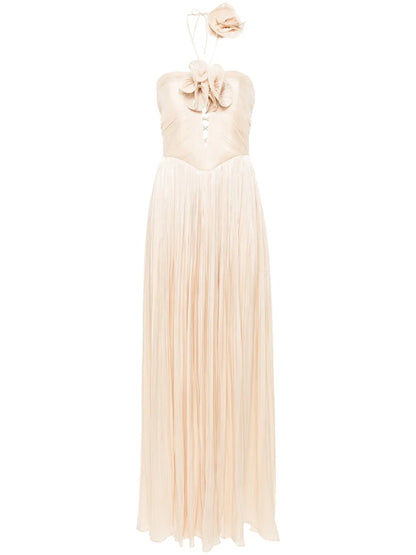 Floral-Appliqué Halterneck Gown