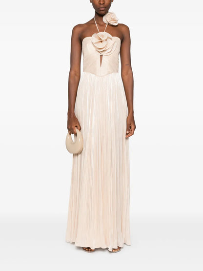 Floral-Appliqué Halterneck Gown