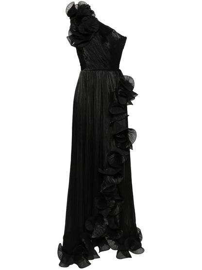 Ruffled Plissé Asymmetric Maxi Dress