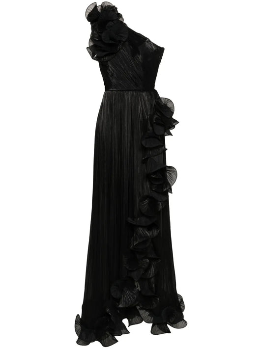 Ruffled Plissé Asymmetric Maxi Dress