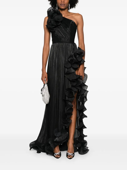 Ruffled Plissé Asymmetric Maxi Dress
