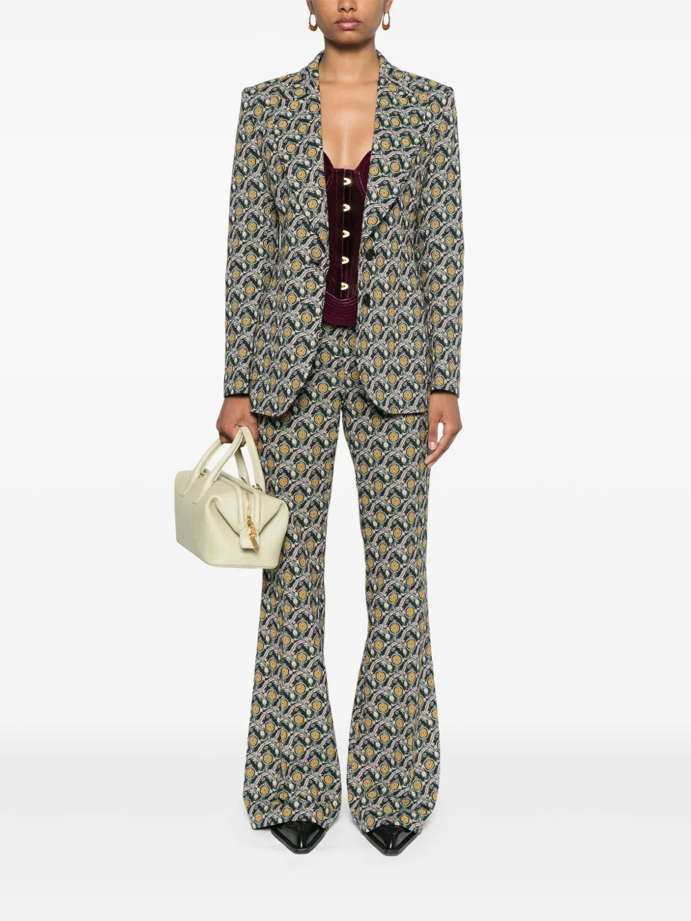 Patterned-Jacquard Flared Trousers