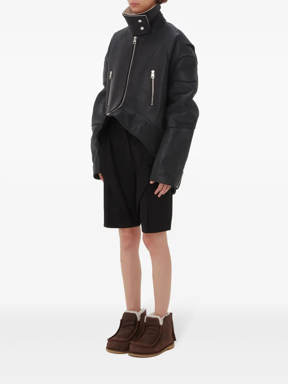High-Neck Curved Leather Jacket