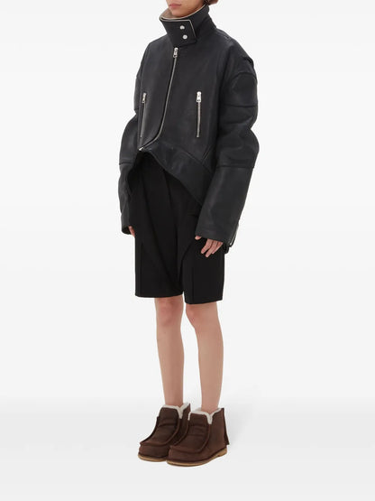 High-Neck Curved Leather Jacket