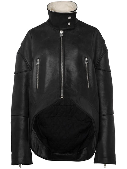 High-Neck Curved Leather Jacket
