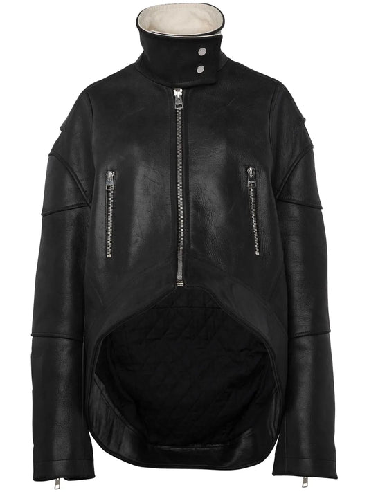 High-Neck Curved Leather Jacket
