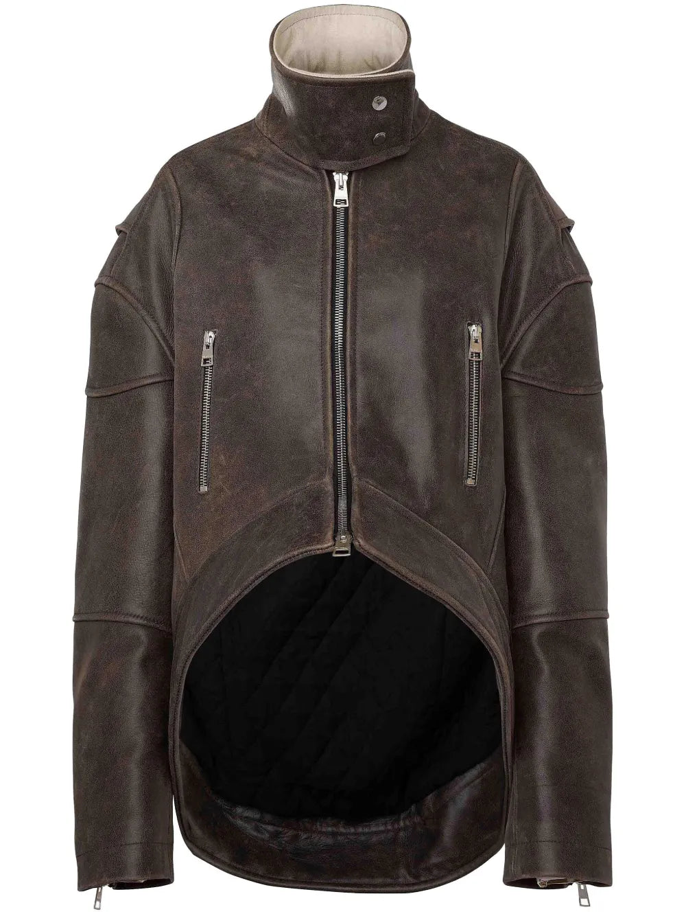 High-Neck Curved Leather Jacket