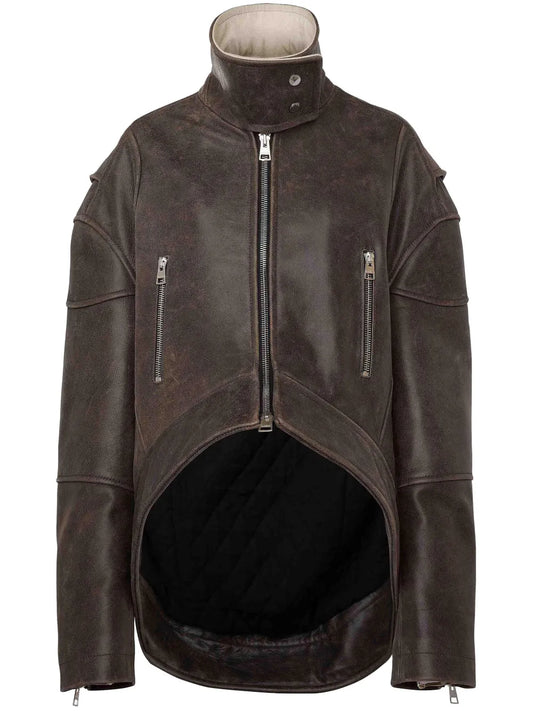 High-Neck Curved Leather Jacket