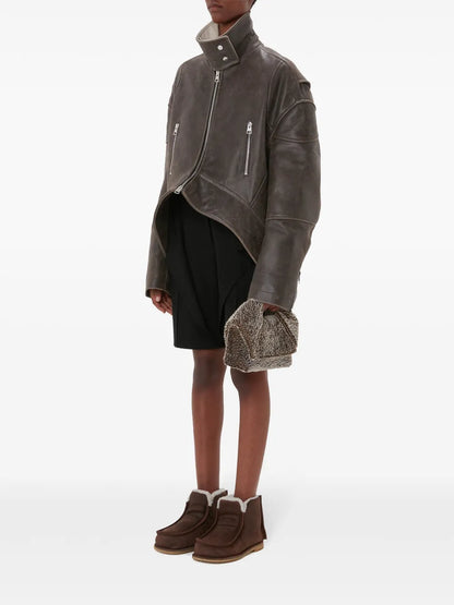 High-Neck Curved Leather Jacket