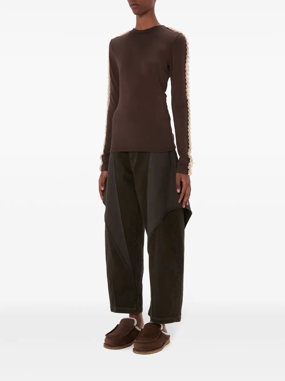 Pleated-Trim Long-Sleeve Top
