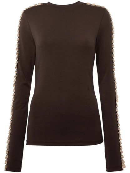 Pleated-Trim Long-Sleeve Top