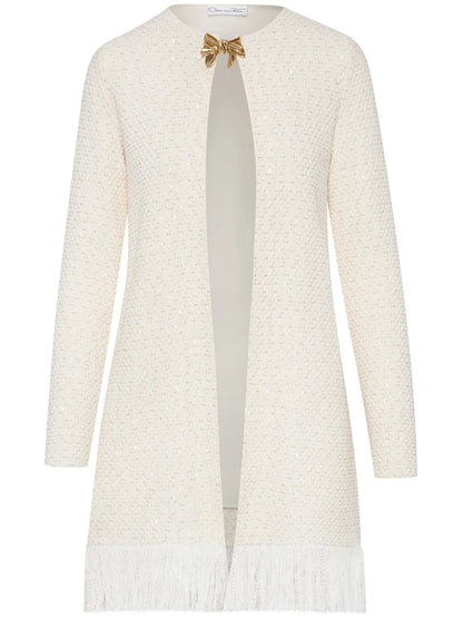 Bow Button Sequinned Tweed Coat